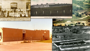 A collage of Spartek historical photos that include buildings and past employees.