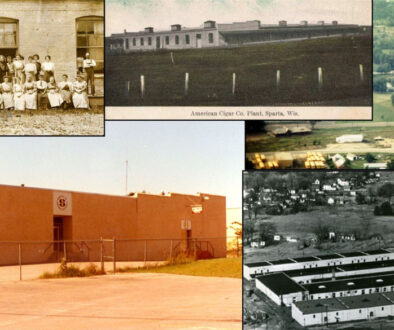 A collage of Spartek historical photos that include buildings and past employees.