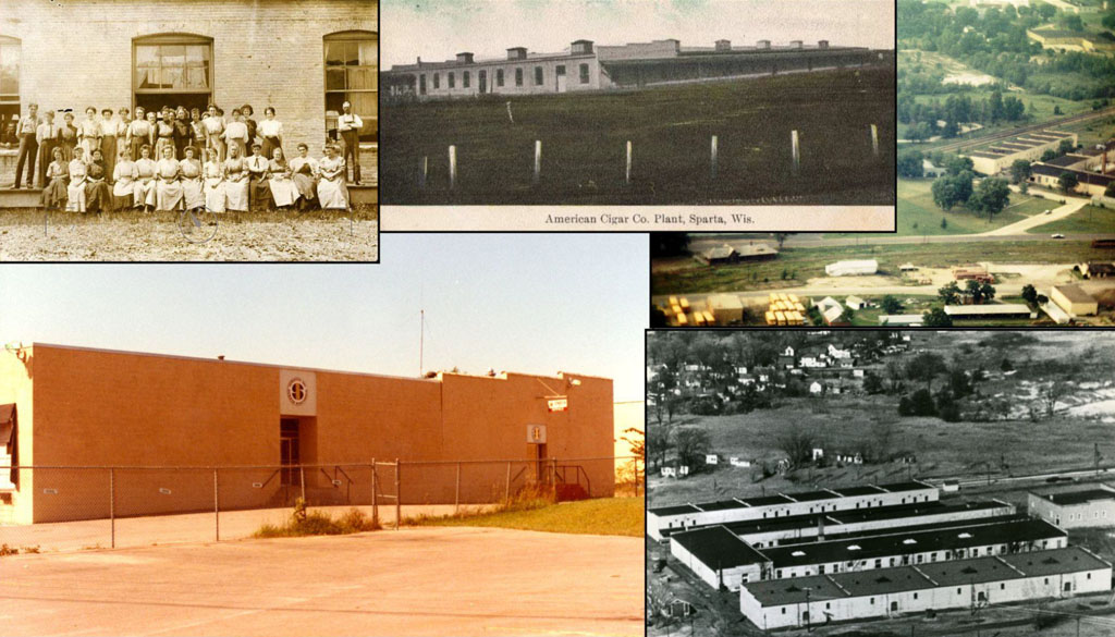 A collage of Spartek historical photos that include buildings and past employees.