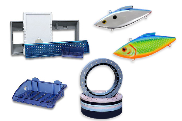 Examples of Spartek, Inc.'s injection molding projects featuring Ladtech manhole adjustment rings, plastic shelving, and Bill Lewis fishing lures.