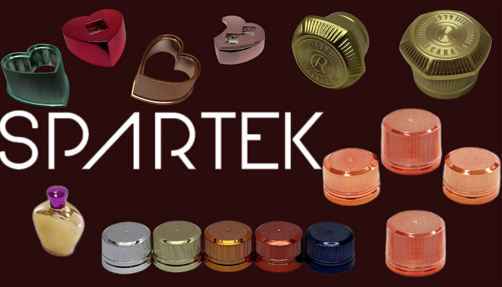 A collage of custom decorative metallic bottle caps and pencil sharpeners produced by Spartek in Sparta, Wisconsin.